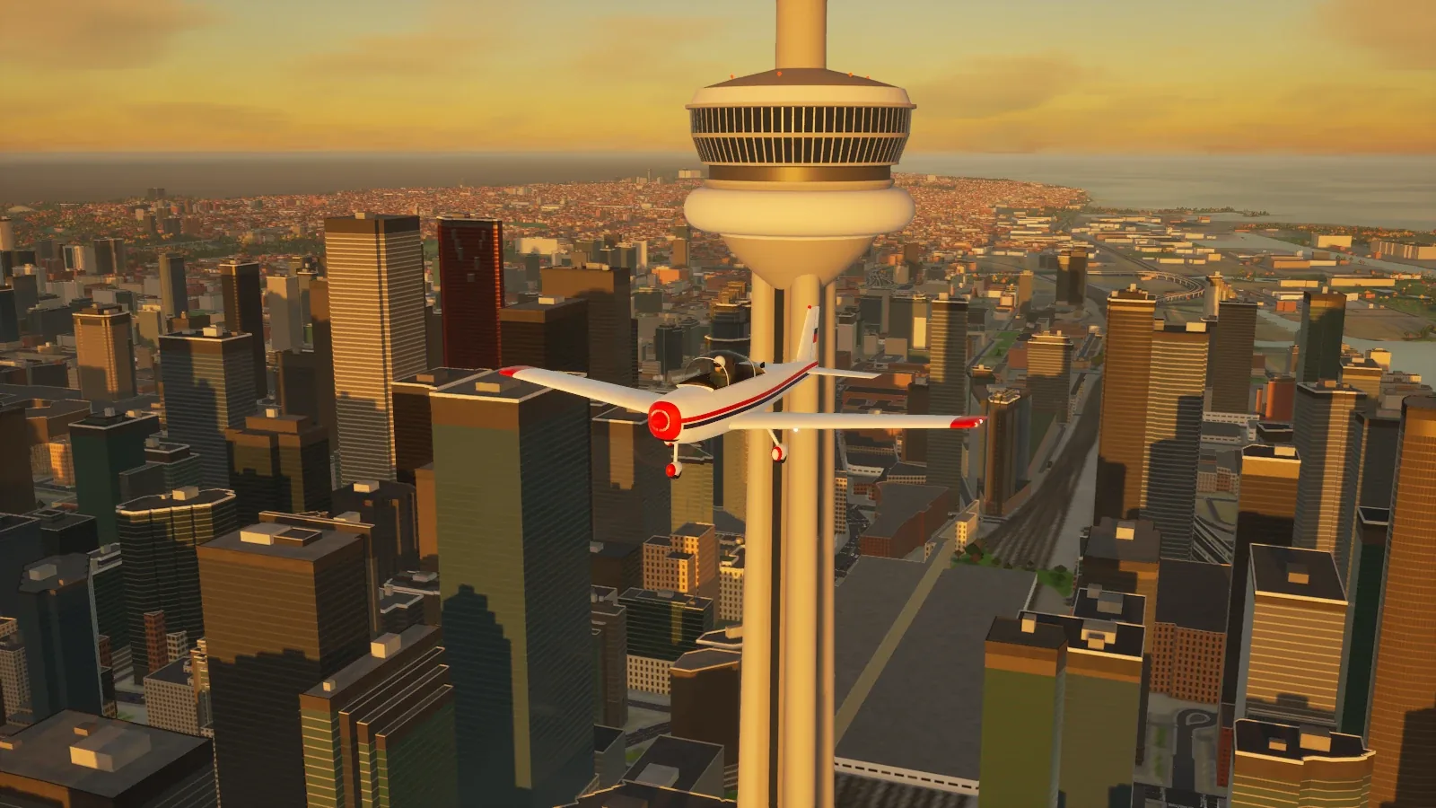 The SW-1 Slopwing passing just below the CN Tower's main pod at golden hour, with Financial District towers below.