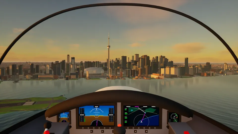 Cockpit view across the harbour toward the CN Tower and the Financial District at golden hour, with the glass instruments below.