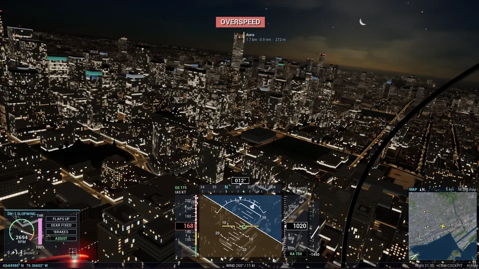 Downtown at night from the cockpit: thousands of procedurally lit windows.