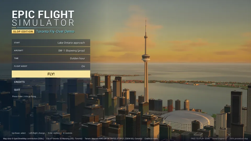 The game's title menu over the CN Tower at golden hour, with Start, Aircraft, Time and Flight assist options and a FLY! button.